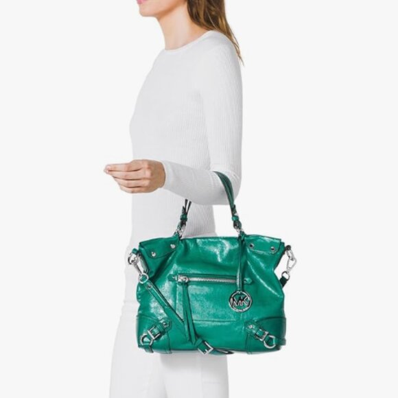 Michael Kors Fallon Medium Satchel (Aqua) 100% Genuine Leather Silver Hardware - Picture 2 of 13